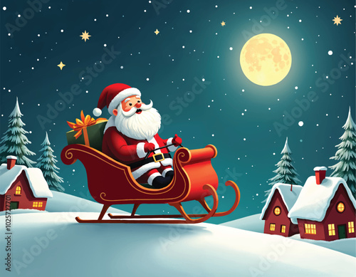 a cartoon of santa riding a sleigh with a christmas tree in the background