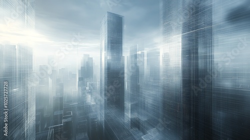 Futuristic city with blurry moving glass buildings and skyscrapers. Use a white and blue theme.