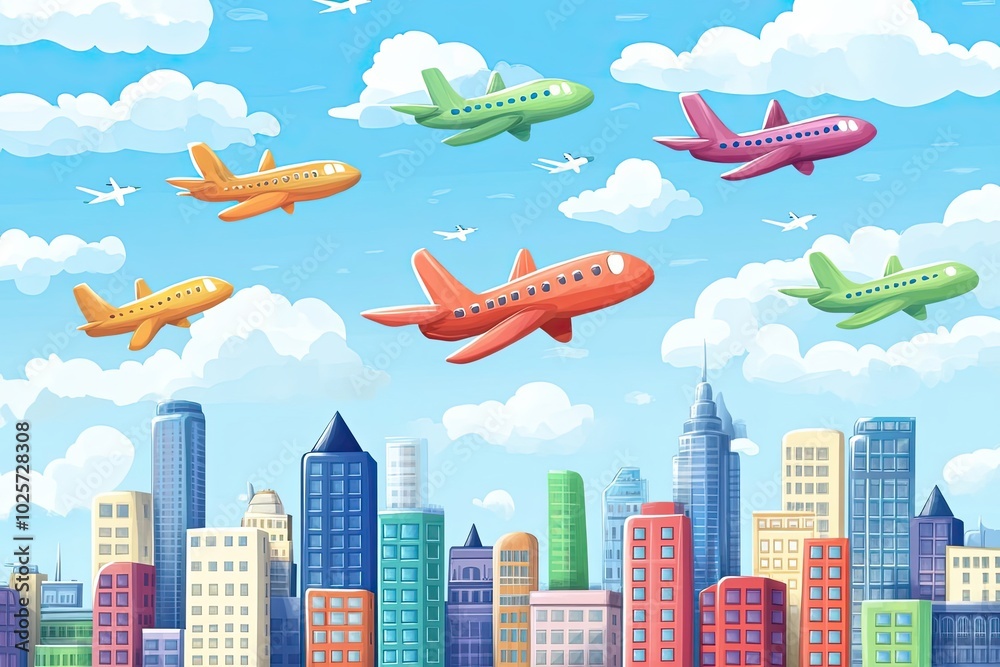 Colorful Airplanes Flying Over a City Skyline Colorful Airplanes Flying Over a City Skyline