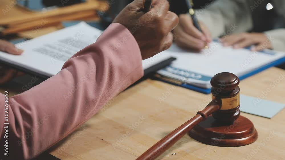 Judge gavel with Justice lawyers having team meeting at law firm background. Concepts of Law and Legal services. Judge gavel with Justice lawyers having team meeting at law firm background. Concepts of Law and Legal services.