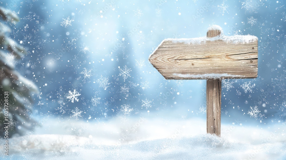 Naklejka premium High-res vector of a wooden sign under snow, indicating directions for holiday events.
