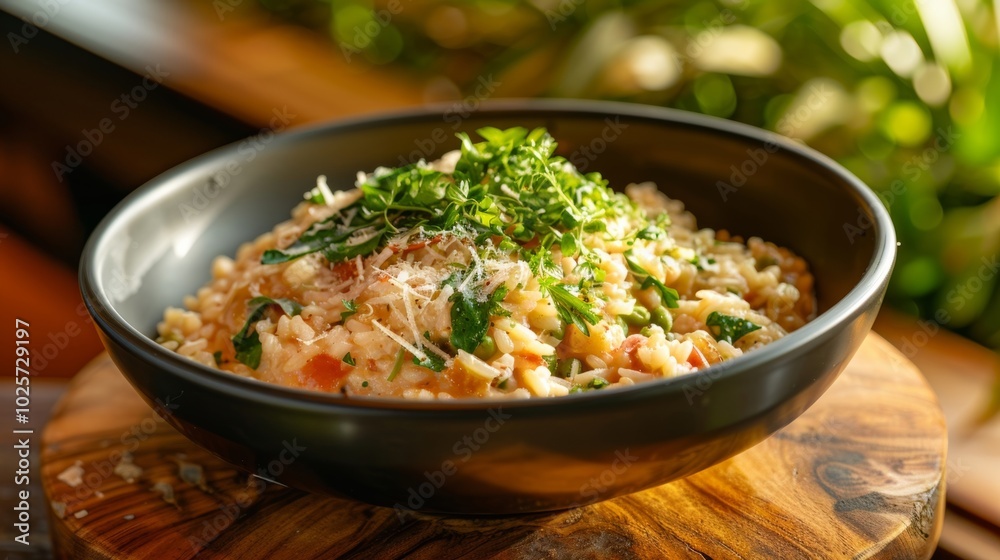 Delicious, Creamy Risotto with Fresh Herbs Garnish in a Black Bowl