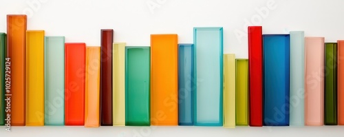 Colorful glass book shapes arranged in a row on a white background.