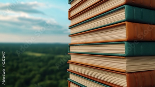 Colorful stack of books with landscape background, inviting readers to explore new worlds and ideas.