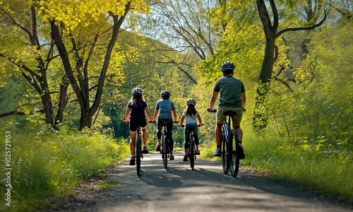 Families biking together on a sunny path through a green park.