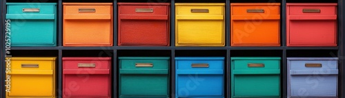 Colorful storage boxes arranged neatly on black shelving unit.