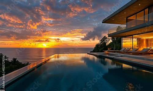 Luxurious villa overlooking a sunset with an infinity pool.
