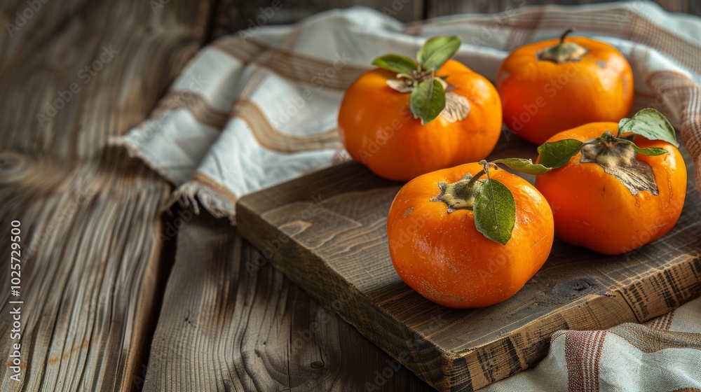 Fresh and juicy persimmons on a wooden table, surrounded by soft fabric. A delightful autumn treat for all fruit lovers. Fresh and juicy persimmons on a wooden table, surrounded by soft fabric. A delightful autumn treat for all fruit lovers.