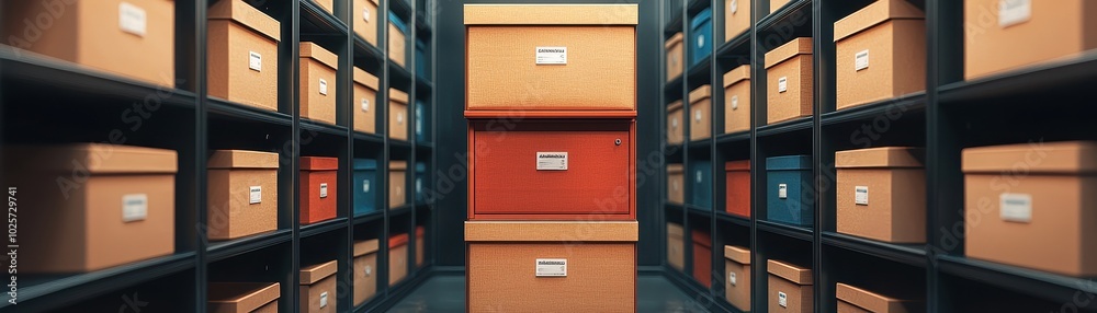 Rows of storage boxes in a modern archive showcasing organization and efficiency within a workspace. Rows of storage boxes in a modern archive showcasing organization and efficiency within a workspace.