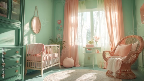 Vintage pastel nursery with soft pink and mint green tones, antiquestyle furniture, and sunlight filtering through curtains, side view photo