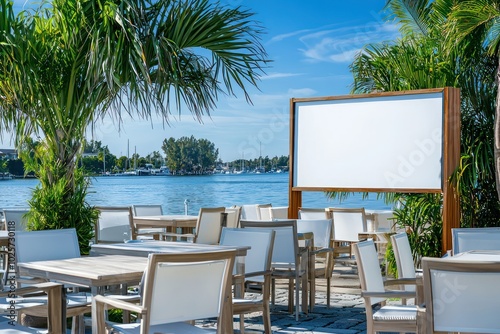 Waterfront outdoor dining scene with clear skies and an empty signboard included.