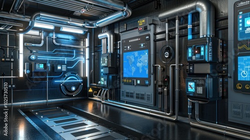 Futuristic Industrial Interior with Advanced Technology and Piping Systems photo