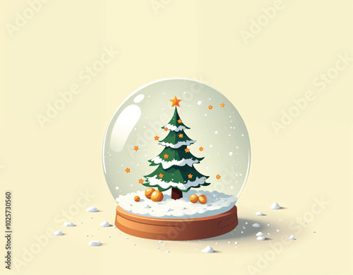 vector illustration of a snow globe with a christmas tree with christmas ornaments in the snow