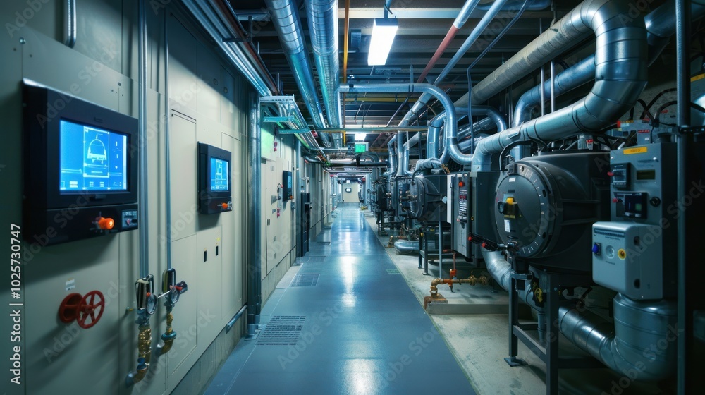 Industrial Corridor with Exposed Piping and Control Panels Industrial Corridor with Exposed Piping and Control Panels