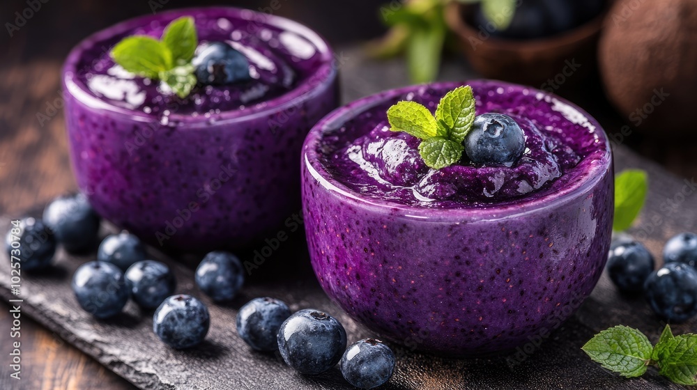 Two purple smoothies topped with blueberries. Perfect for a healthy and delicious snack or breakfast. Two purple smoothies topped with blueberries. Perfect for a healthy and delicious snack or breakfast.