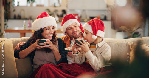 Obraz na plátně Christmas, family and happy on sofa with hot chocolate, coco and relax in home