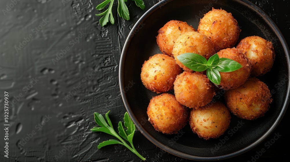 Deliciously crispy golden cheese balls served on a stylish black plate with fresh herbs for garnish. Generative AI Deliciously crispy golden cheese balls served on a stylish black plate with fresh herbs for garnish. Generative AI
