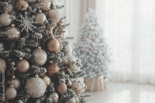 Festive Christmas trees adorned with sparkling decorations in cozy room