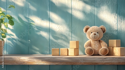 Wooden blocks and stuffed animals on nursery shelf, 3D illustration photo