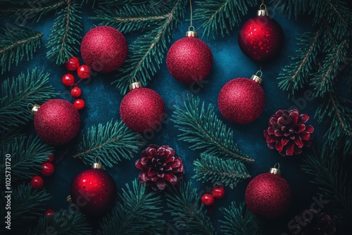 Festive red Christmas balls pine branches on dark background