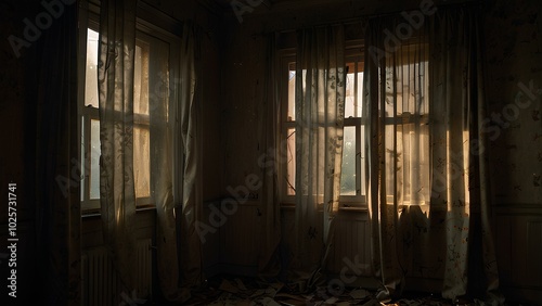 Mysterious Abandoned House with Faint Light Behind Tattered Curtains photo