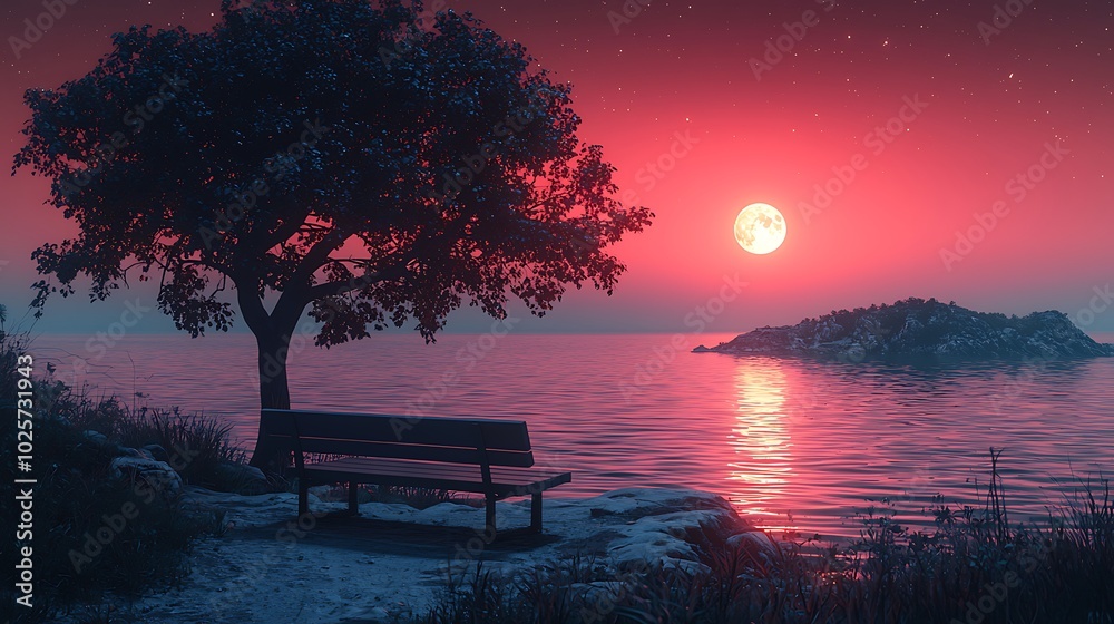 A lonely bench under a tree overlooking a still lake and a large, red moon in the night sky.