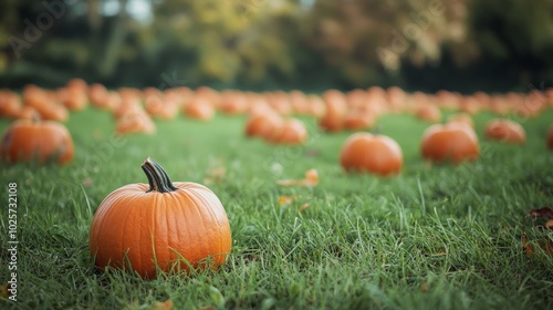 An empty scene featuring a lush green field with pumpkins scattered across the grass, creating an ideal product mockup space, with ample copy space for text, 