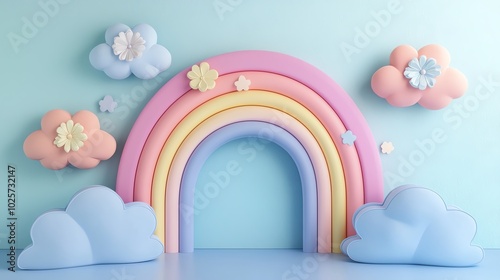 Whimsical nursery with rainbow wall art, pastel colors, and cloudshaped shelves, playful and imaginative, side view photo