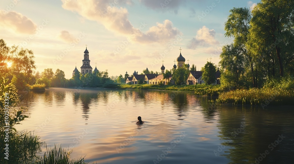 Serene Sunset at Mountain Lake - Family of Ducks, Lush Greenery, Warm Atmosphere Serene Sunset at Mountain Lake - Family of Ducks, Lush Greenery, Warm Atmosphere