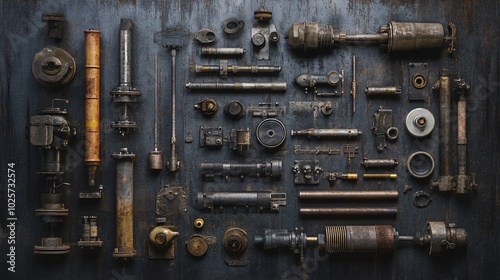 Collection of vintage metal parts on rustic background.