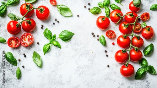 Fresh tomatoes with basil black pepper on textured background