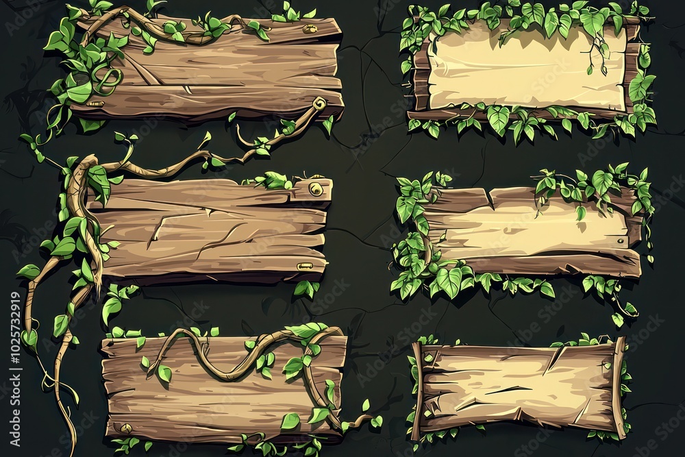 Wooden banners with vine illustrations for a jungle game interface, high-res vector. Wooden banners with vine illustrations for a jungle game interface, high-res vector.