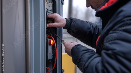 close-up handsome Electrician engineer repairing electrical box work tester measuring voltage and current of power electric line in electrical cabinet control, outdoor, outside