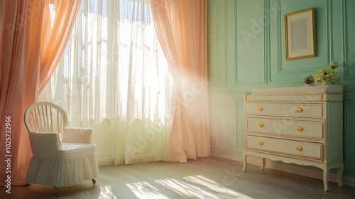 Vintage pastel nursery with soft pink and mint green tones, antiquestyle furniture, and sunlight filtering through curtains, side view photo