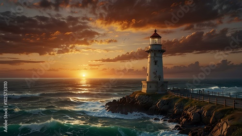 Old Lighthouse by the Sea at Sunset with Waves Crashing Against the Cliffs