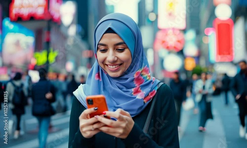 Syrian Woman Smiling and Using Mobile Phone on Tokyo Street