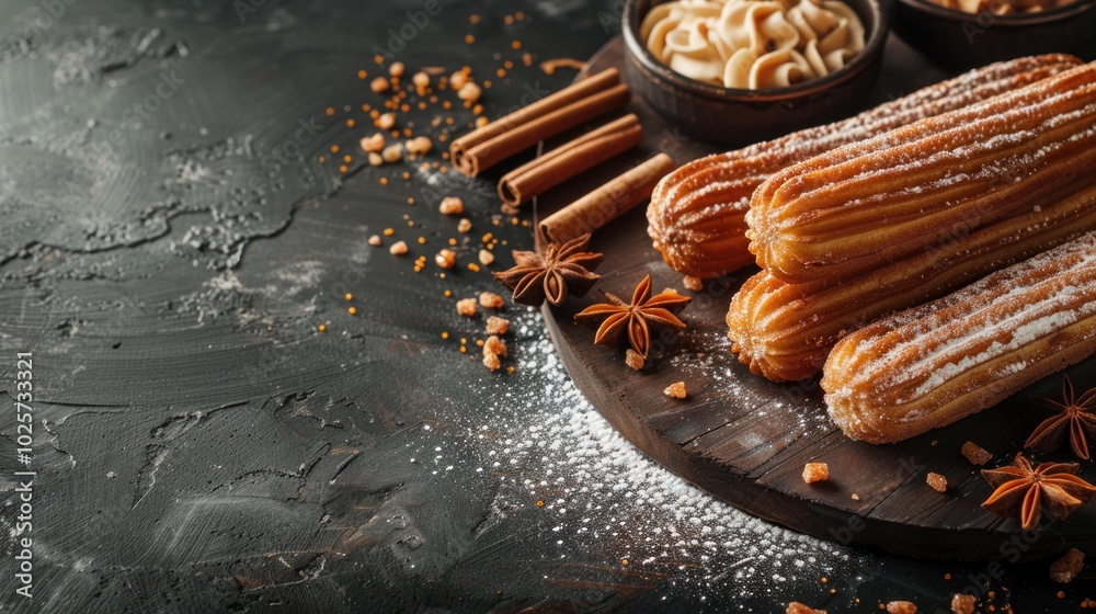 Delicious churros with cinnamon and sugar elegantly arranged on a rustic wooden board. Generative AI Delicious churros with cinnamon and sugar elegantly arranged on a rustic wooden board. Generative AI