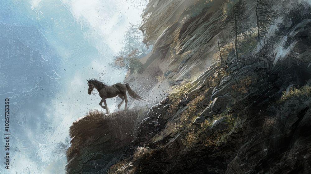 Obraz premium A lone horse on a rocky cliffside with a misty background