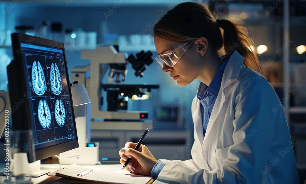 Female Medical Research Scientist Working with Brain Scans on Her Personal Computer, Writing Down Data in a Clipboard. Modern Laboratory Working on Neurophysiology, Science, Neuropharmacology is very 