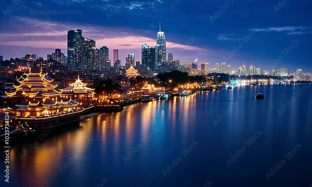 A vibrant city skyline at dusk reflecting on a river. A vibrant city skyline at dusk reflecting on a river.