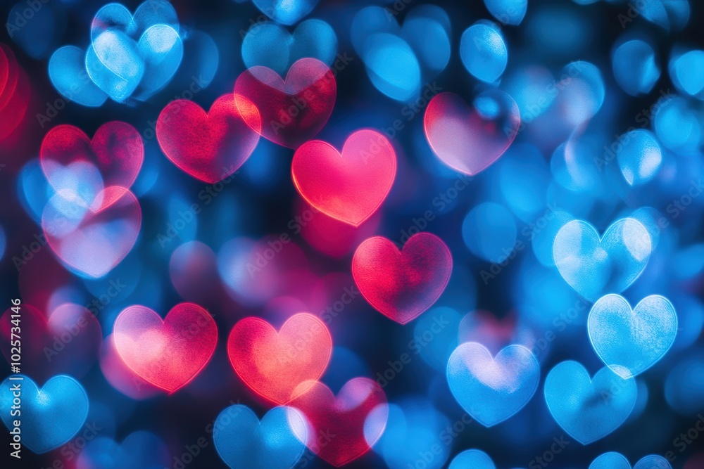 Colorful heart bokeh lights on vibrant blue background Colorful heart bokeh lights on vibrant blue background
