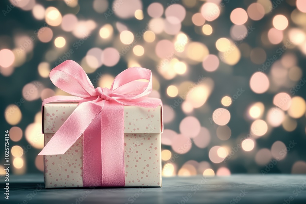 Elegant gift box with pink ribbon sparkling background Elegant gift box with pink ribbon sparkling background
