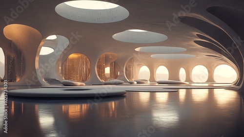 Futuristic Interior with Golden Accents and Starry Ceiling