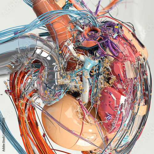 A detailed side view of the heart's electrical conduction system, including the SA and AV nodes. photo