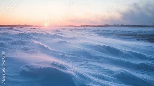 Intense polar vortex with swirling winds and freezing temperatures, creating a harsh frozen landscape.