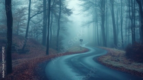 A winding road disappears into a dense forest shrouded in fog.