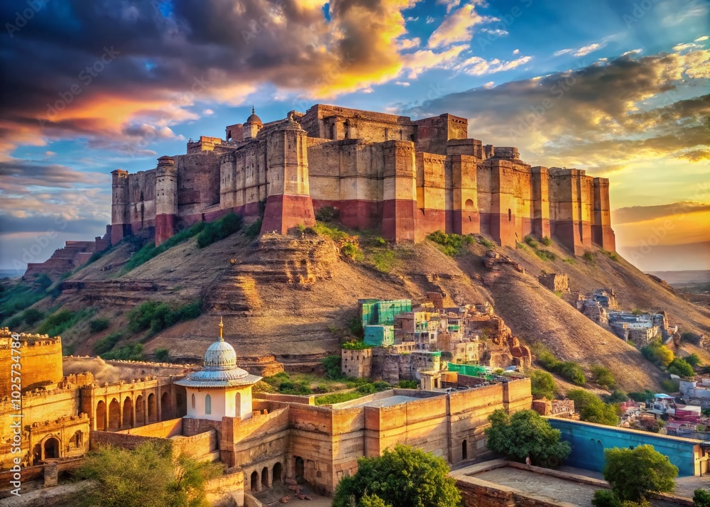 Obraz premium Majestic Mehrangarh Fort in Jodhpur, India - A Stunning Example of Indian Architecture and Rich Cultural Heritage