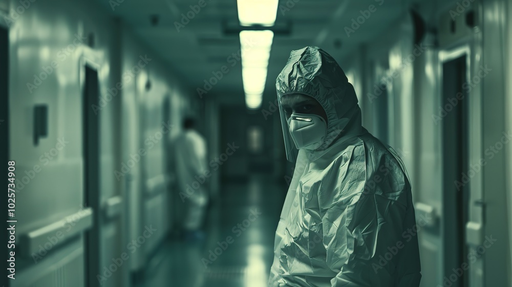 COVID-19 Complications - Healthcare Worker with Concerned Expression in Full PPE, Dim Hospital Corridor