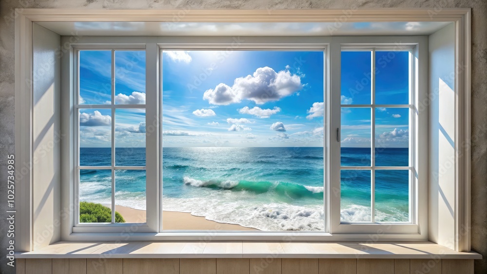 Obraz premium Gorgeous sea view framed by a window, creating an idyllic coastal sanctuary perfect for unwinding while enjoying the soothing embrace of nature's melody.