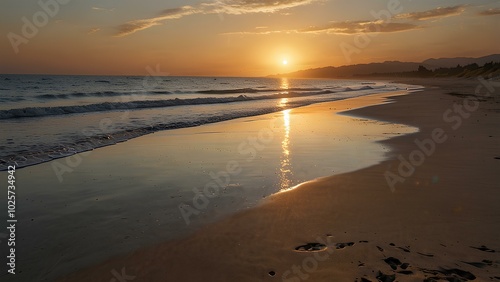 Peaceful Empty Shoreline at Dusk with Golden Sand and Ocean Views